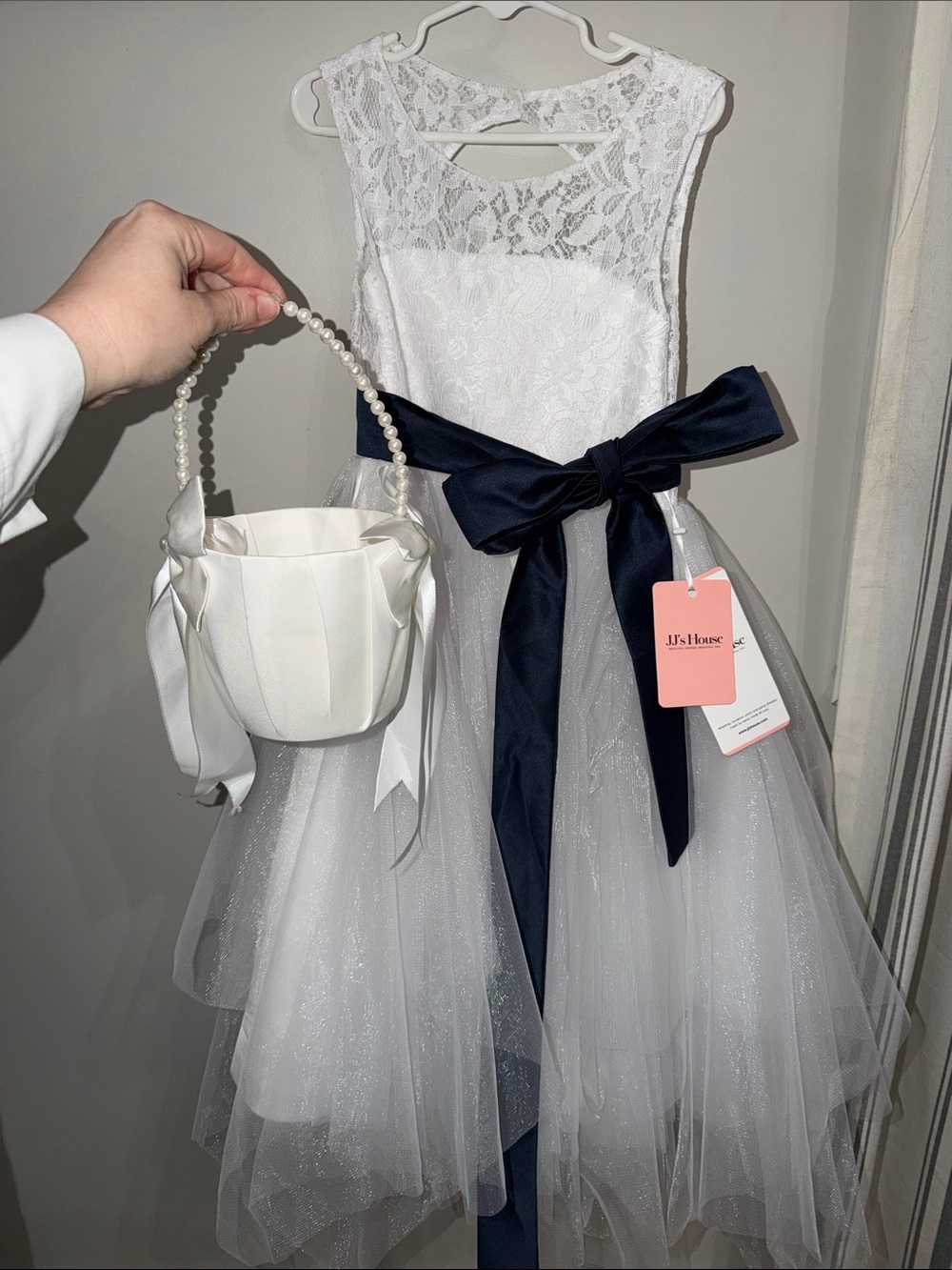 JJ’s House White Lace Flower Girl Dress with Navy Sash, FREE Flower Girl Basket
